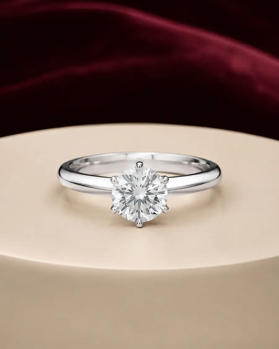 Solitaire diamond ring catalogue design on an ivory studio pedestal