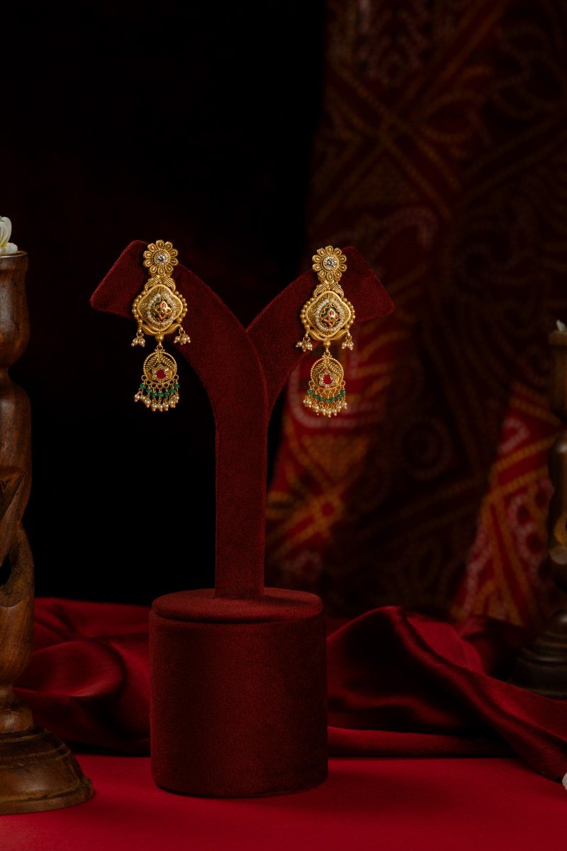 Handcrafted 22K Antique Temple Gold Jhumkas with Emerald and Ruby drops at A P Jewellers Prantij