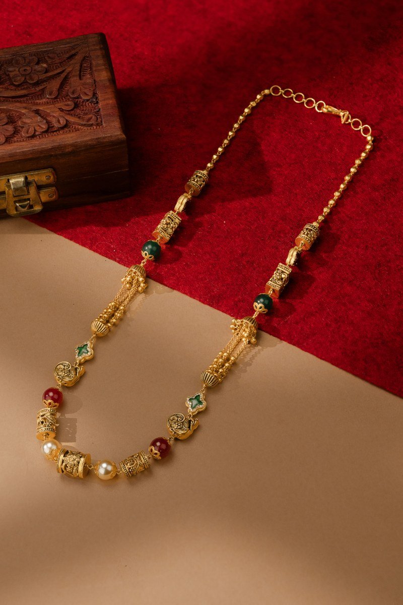 Heritage Navratna inspired Gemstone and 22K Carved Gold Beaded Chain Necklace at A P Jewellers Prantij
