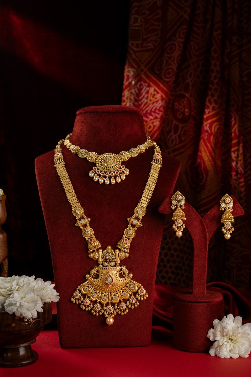 Royal Gujarati Bridal Rani Haar and Choker Necklace Set with matching Jhumkas at A P Jewellers Prantij