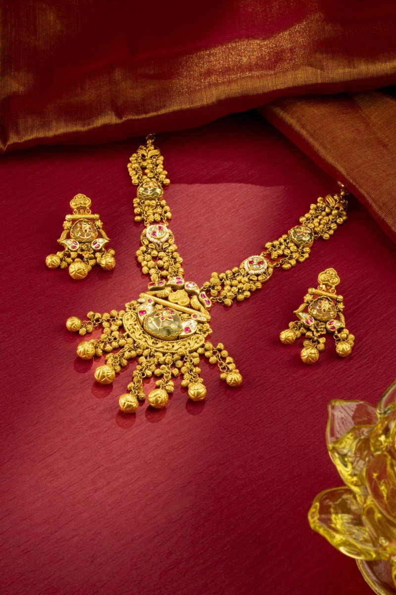 Signature Royal Gujarati Bridal 22K Gold Choker Necklace set with Ruby and Polki accents at A P Jewellers Prantij