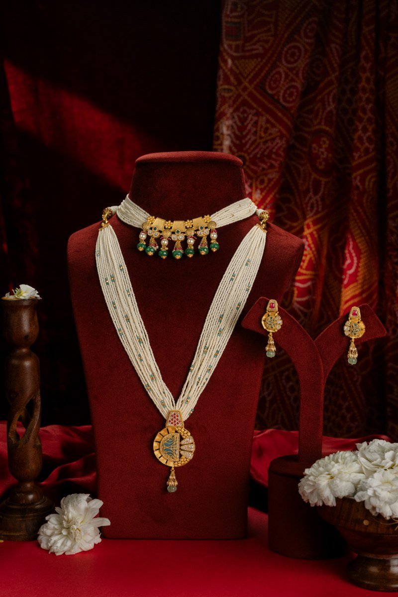 Grand Multi-Strand Pearls and Emerald Bridal Necklace Set with matching Choker and Earrings at A P Jewellers Prantij