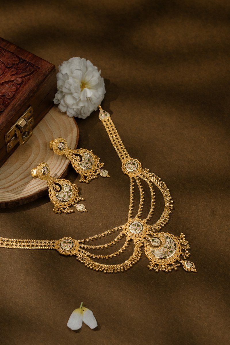 Exquisite 22K Gold Multi-Tier Floral Haar and Chandelier Earrings at A P Jewellers Prantij
